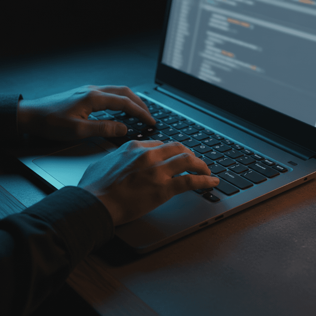 Security professional working at laptop with focused intensity in dark workspace